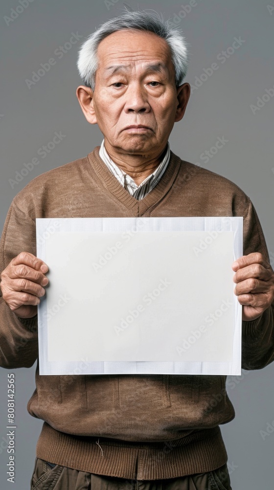 A wise Chinese elder holds a blank white board in his hands A wise Chinese elder holds a blank white board in his hands