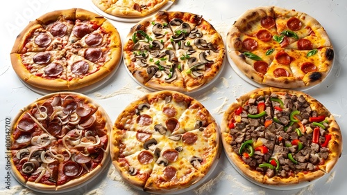 A variety of homemade Italian pizzas with meat, vegetables, and mushrooms on a white background. Concept Italian Pizzas, Homemade Creations, Meat and Veggie Toppings, Mushrooms Galore