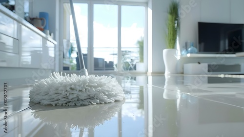 White mop on floor in modern white apartment - Closeup. Concept Interior Photography, Cleaning Supplies, Home Decor, Modern Design