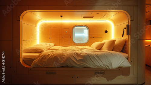 capsule hotel design, capsule hotel room exudes a warm, inviting vibe with soft ambient lighting and functional storage setup, ideal for creative interior inspiration