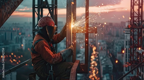 Structural welder at dusk, welding critical connections on a new sports stadium structure. photo