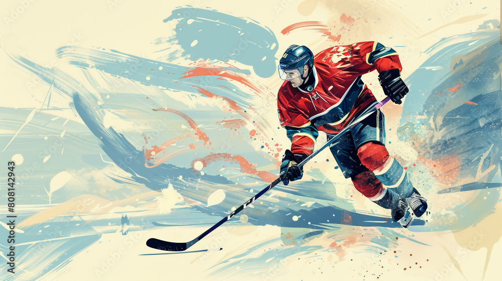 Obraz premium stylish dynamic illustration of ice hockey player with stick in action, winter sport poster