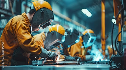 Team of welders in a factory all wearing heat-resistant jackets and face shields, promoting a culture of safety. photo