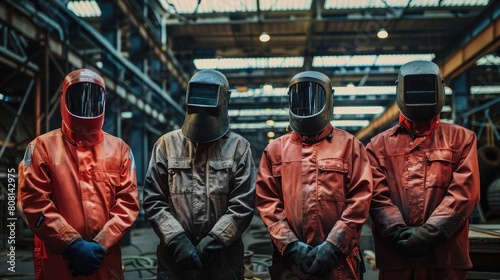 Team of welders in a factory all wearing heat-resistant jackets and face shields, promoting a culture of safety.