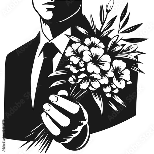 Man holding floral vector silhouette isolated on white background