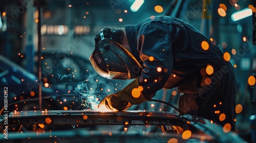 Welder using MIG welding techniques on a car frame in an auto repair shop, sparks flying vividly.