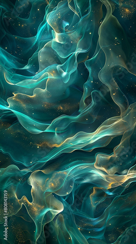 A mystical and enchanting rise of deep teal and soft gold waves, flowing upward with the magic and mystery of an ancient legend.