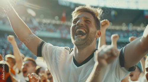 cheefrul german football fan screaming after goal, happy growd celebrating soccer team victory on stadium, Germany Euro 2024 concept photo