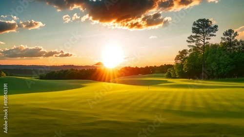 The sun is setting behind the horizon, casting a warm glow over the sprawling green golf course, A beautiful sunset over a pristine golf course photo