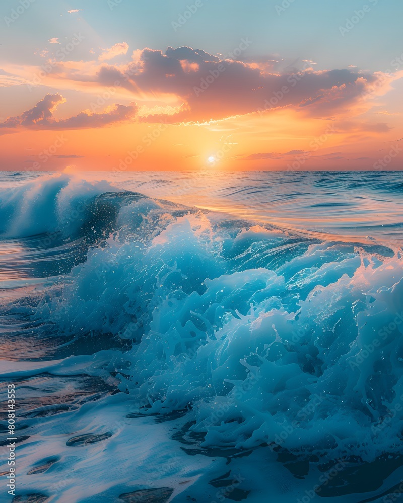 Fototapeta premium Digital painting of the sea rising into the sky The clear waters with waves crashing into the sky are beautifully colored by the warmth of the sun rising above the horizon. Pleasant atmosphere.