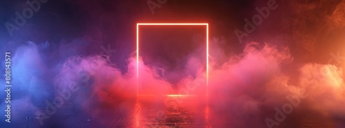 square frame with neon lights and glowing smoke of orange colors in the middle of a dark room.