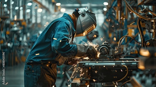 Welder using spot welding techniques to assemble thin metal sheets in an automotive factory. © BMMP Studio