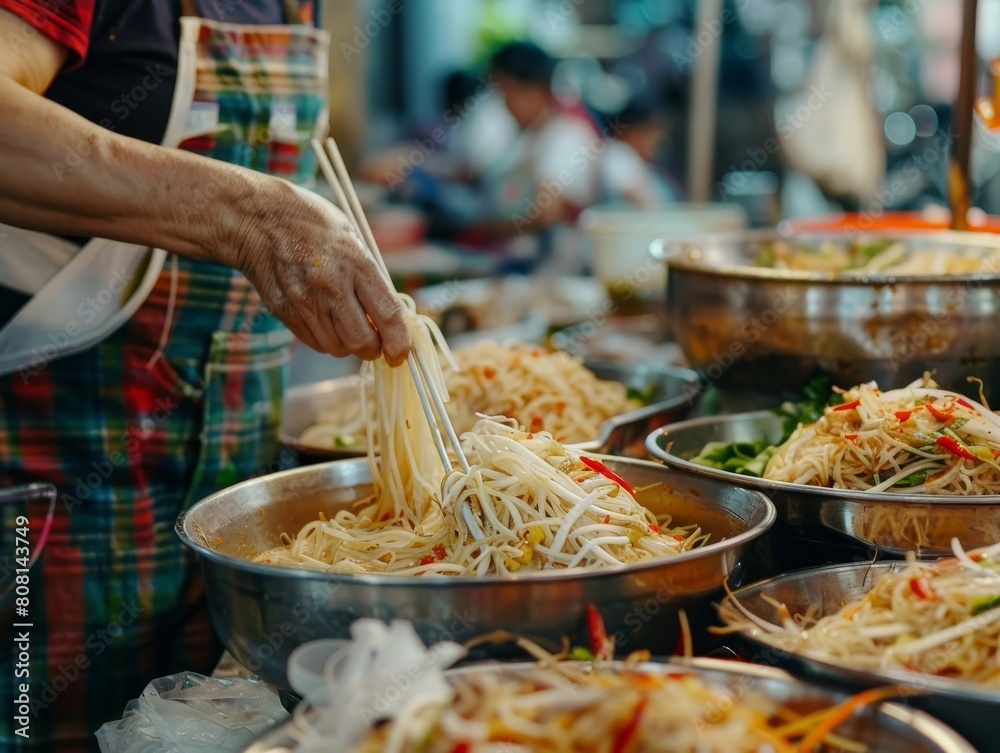 Obraz premium Authentic Thai Street Food Vendor Preparing Papaya Salad in Bustling Local Market