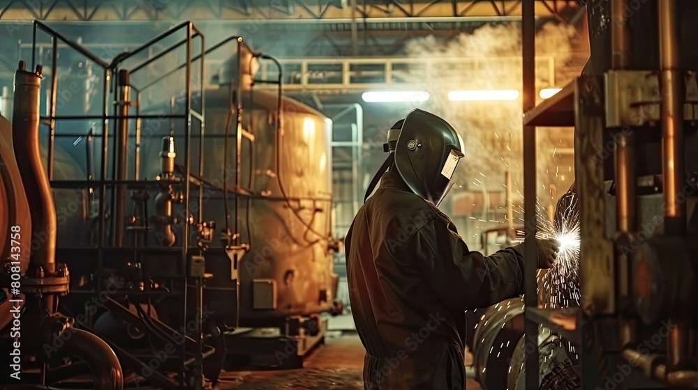 Welder at work in an industrial plant, using multi-process welding techniques on a pressure vessel