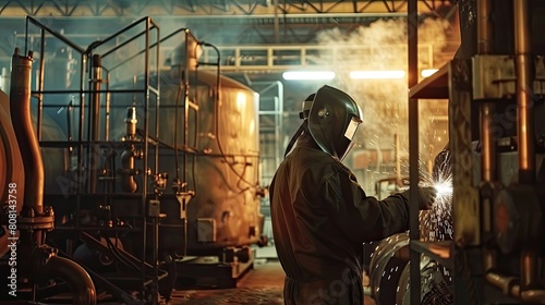 Welder at work in an industrial plant, using multi-process welding techniques on a pressure vessel