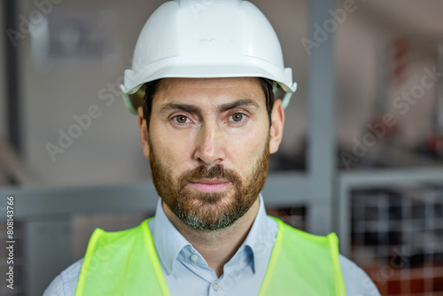 construction site manager engineer wearing safety vest and helmet look at camera