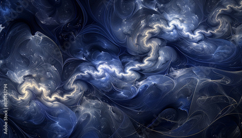 A mystical interplay of deep indigo and glowing silver waves, coiling around each other in a magical dance that evokes the mystery of the night sky.