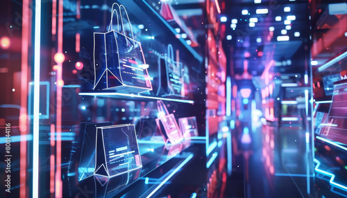 A futuristic shopping mall with a display of bags and purses by AI generated image