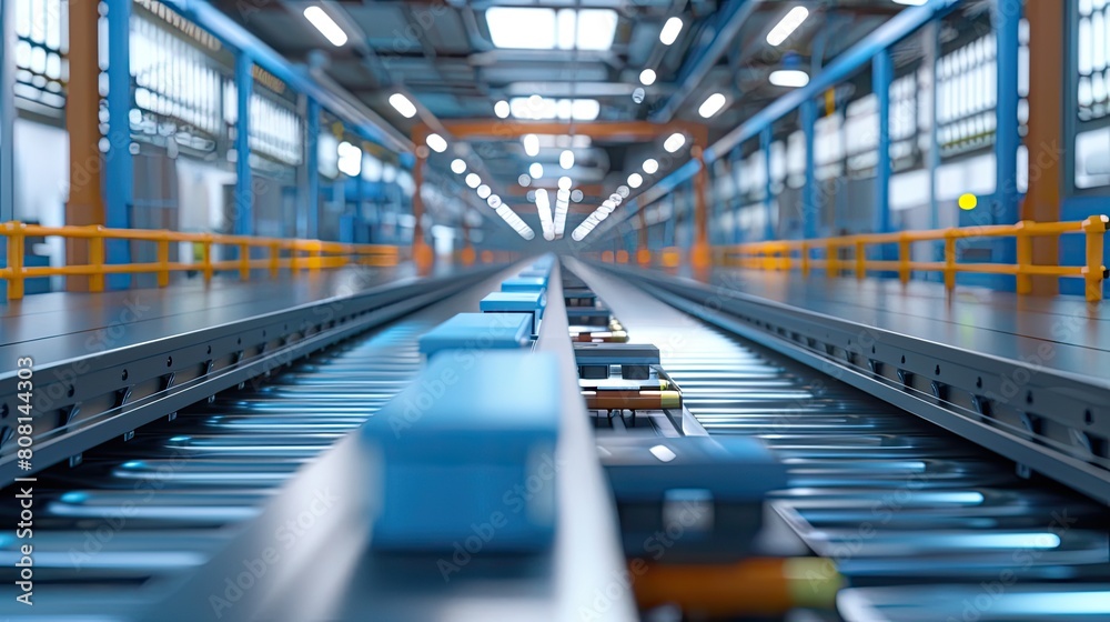 An automated robotic conveyor system moving products through a manufacturing line.
