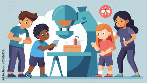 A group of kids working together to design and print a largerthanlife sculpture using multiple 3D printers.. Vector illustration
