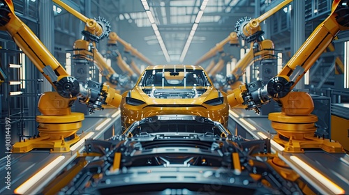 An automated production line in a car manufacturing plant, showcasing robotics technology