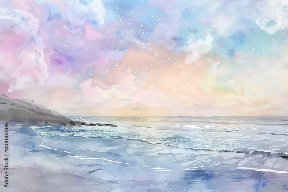 Obraz premium landscape with trees and sea, hills, soft colors, blue, pink and orange, a dreamy sky, misty, mountains, watercolor painting
