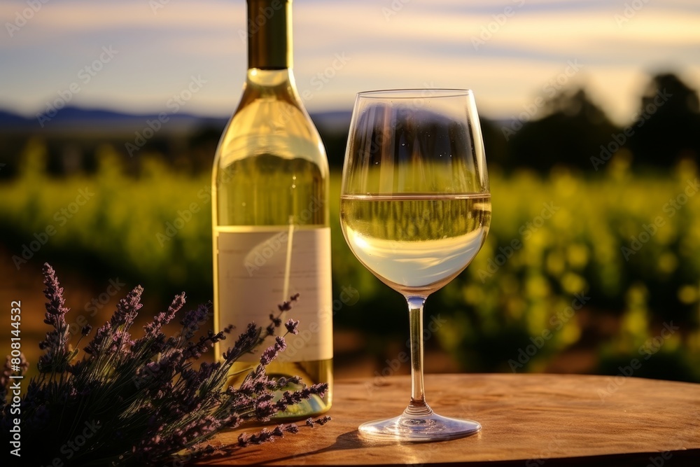 Spring picnic scene  white wine glass and bottle set in a beautiful lavender field