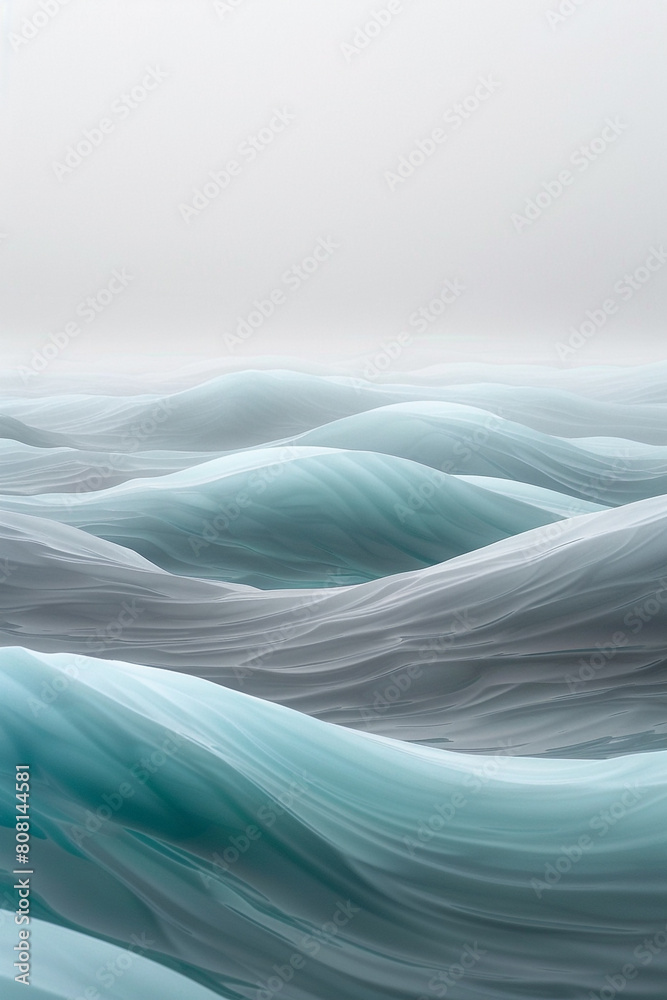 A peaceful scene of misty grey and baby blue waves, flowing together in a serene dance that evokes the quiet calm of a foggy morning by the water.