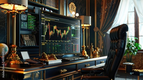 An elegant office setup with gold trading charts on a large monitor and luxurious decor.