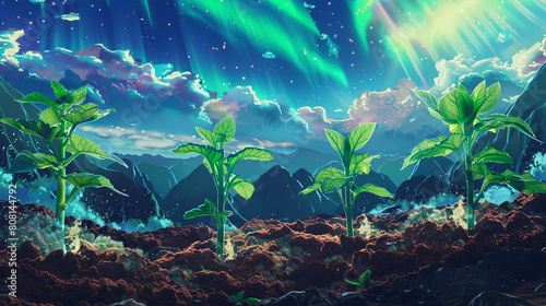An ethereal illustration of a multiverse garden, where each plant represents a different universe, growing in impossible soil, under a sky painted with the auroras of overlapping realities. photo