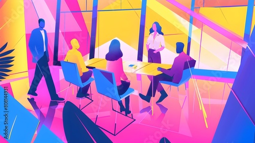 Abstract representation of a business meeting happening in a workplace. Five diverse people seated around a table discussing matters. Bright colors.