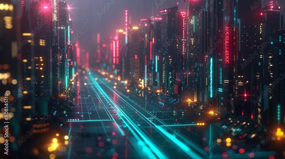 A vibrant, futuristic cityscape illuminated by neon lights, showcasing a cyberpunk metropolis at night.