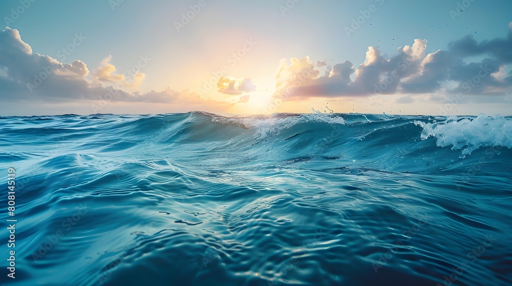Fototapeta premium Digital painting of the sea rising into the sky The clear waters with waves crashing into the sky are beautifully colored by the warmth of the sun rising above the horizon. Pleasant atmosphere.