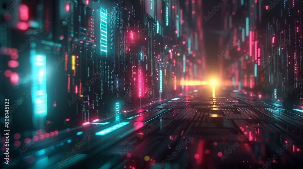 Futuristic digital cityscape with glowing neon lights and a central illuminated path leading to a bright horizon. Futuristic digital cityscape with glowing neon lights and a central illuminated path leading to a bright horizon.