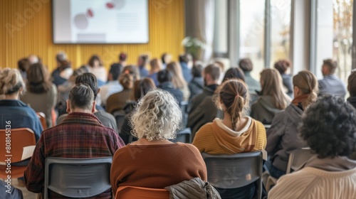 Community center hosting a health education talk on heart health, with audience engagement,