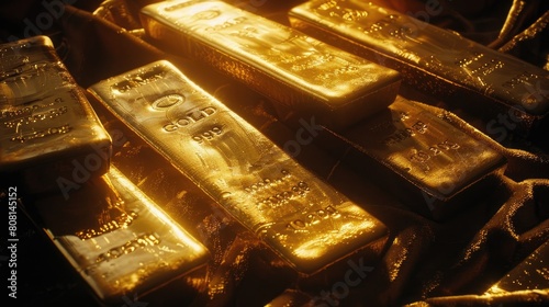 Gold bars displayed on a luxurious velvet surface, under soft lighting,