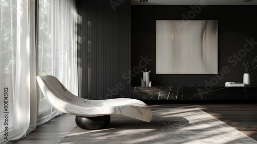 An expansive living room with a monochrome theme, where a black wall acts as a dramatic backdrop for a statement-making, white marble chair. 