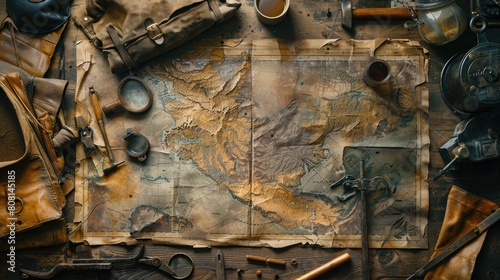 Detailed map with gold mining claims marked, surrounded by tools and mining gear.