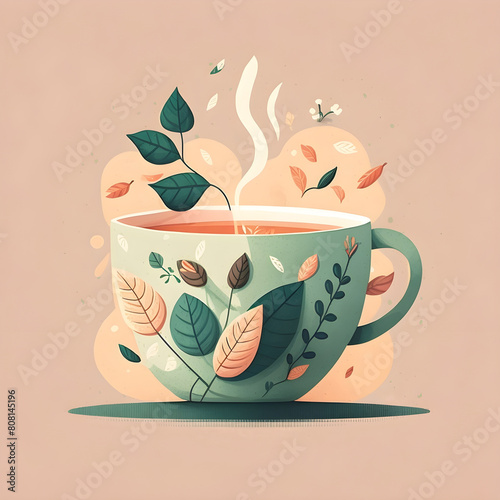 Flowers in a cup for tea. A picture on the theme of spring, flowers, floristry. Cup of tea, pastel colors, cozy illustration.