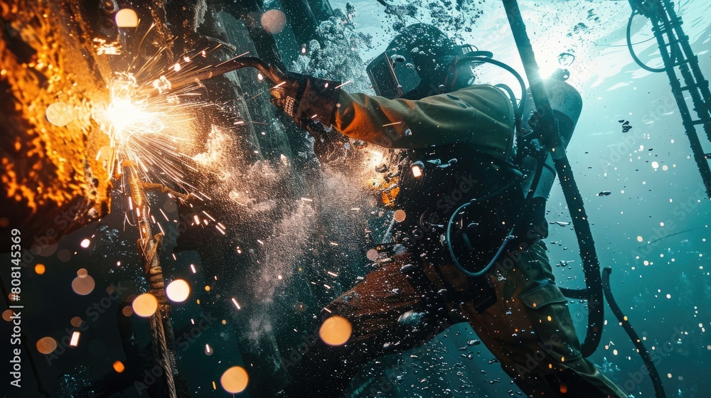 Diver using specialized underwater welding gear on an offshore oil rig ...
