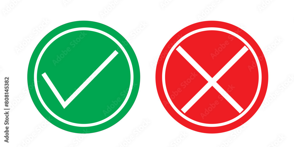  Checkmark icon set. Green tick and red cross checkmarks in circle icons. Flat vector icon.  vector illustration.
