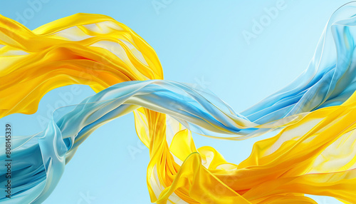A playful blend of bright yellow and sky blue waves, twisting together in a joyful dance that brings to mind the cheerfulness of a sunny day.