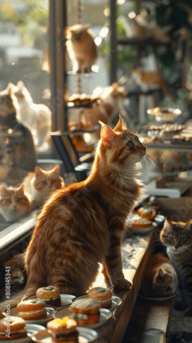 Charming Cat-Friendly Cafe Scene with Patrons Enjoying Coffee and Pastries Surrounded by Roaming Cats - Photo Realistic Day at A Cat Friendly Cafe Concept