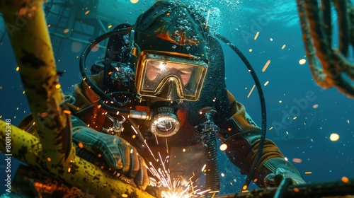 Diver using specialized underwater welding gear on an offshore oil rig, focusing on the sparks and aquatic environment.