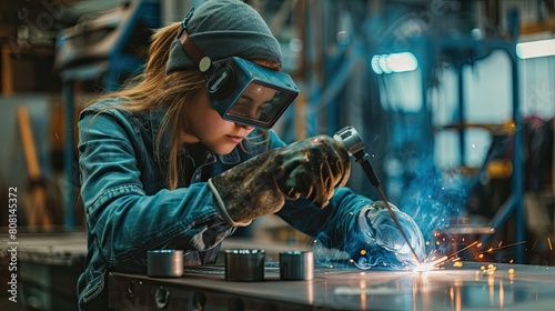Female apprentice welding a metal sculpture in an art studio, showcasing diverse applications of welding.