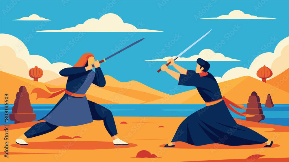 Fototapeta premium In a flurry of quick steps and swift strikes the Kendo practitioners demonstrate the arts powerful and dynamic movements on the sundrenched beach.. Vector illustration