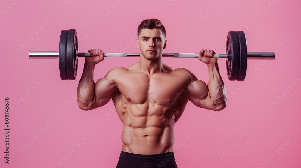 muscular bodybuilder athlete man with perfect body and naked torso exercising with barbell on pink background, bodybuilding athletic male studio shot