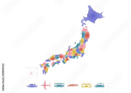 カラフルな日本地図と交通機関アイコンのイラスト