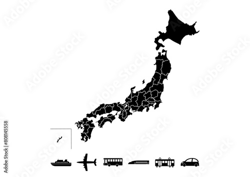 日本地図と交通機関アイコンのイラスト（黒）