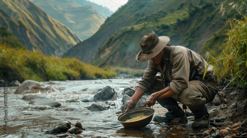 Miner using a gold pan beside a river, with natural scenery around, focusing on the technique.